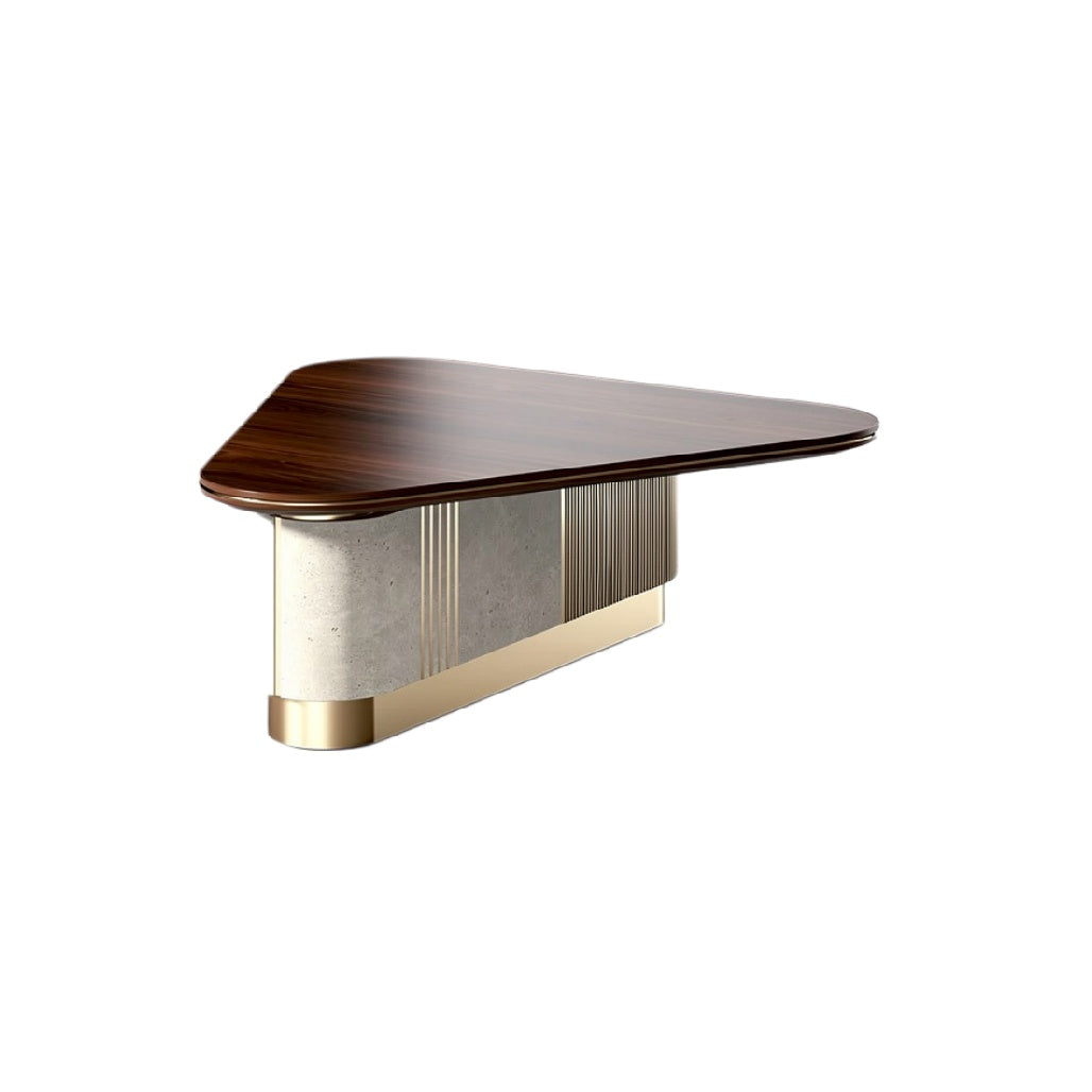 "Moderne Driehoekige Eettafel met Houten Bovenblad en Beton Design"