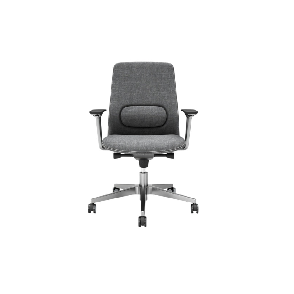 Ergonomische bureaustoel met verstelbare armleuningen en moderne grijze stof.
