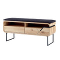 **Titel: Moderne houten TV-meubel met zwart kussen en opbergruimte**