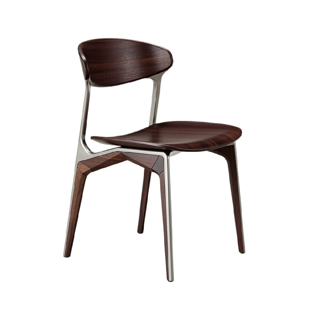 "Moderne houten stoel met aluminium frame en ergonomisch ontwerp"